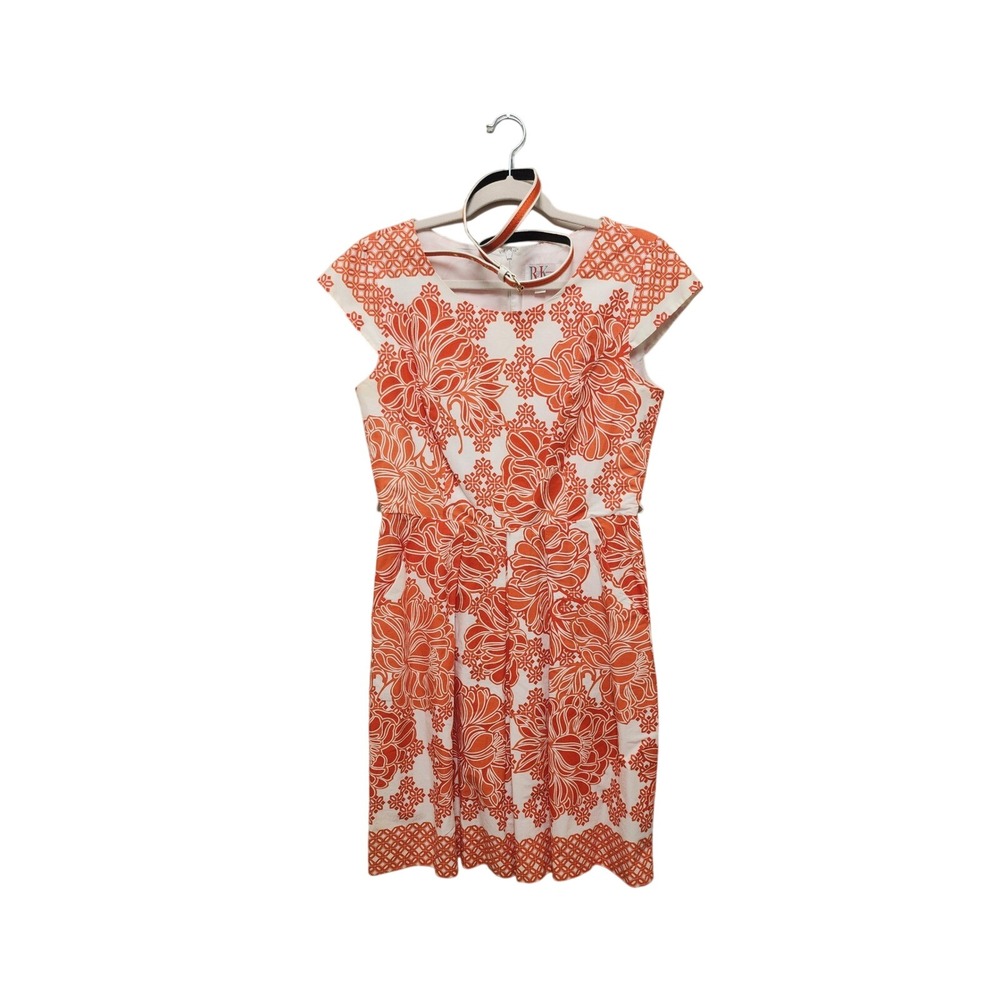 R&K Originals Womens Orange White Floral Belted Sheath Dress Size 8 Cap Sleeve